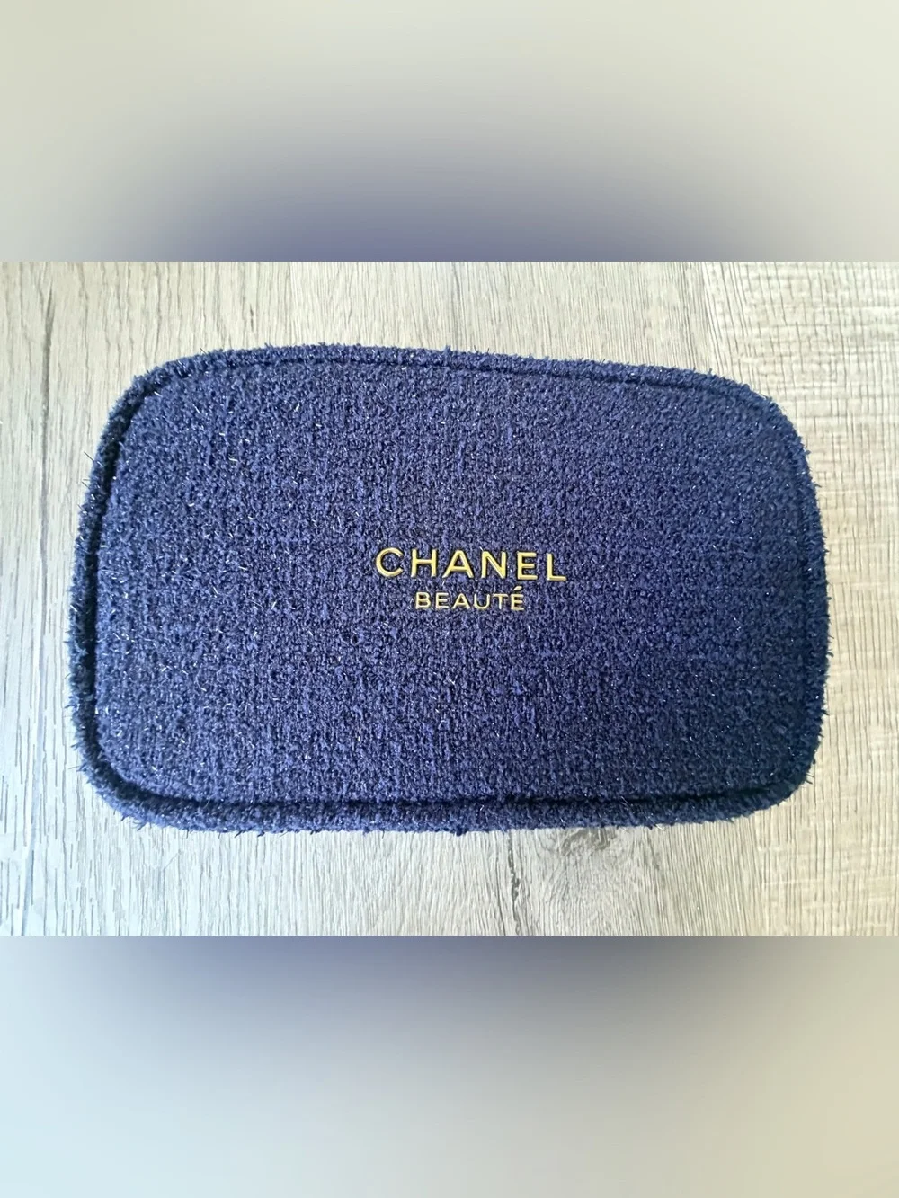 Chanel Beaute Sparkling Blue Cosmetic Pouch w Gold Hardware NEW in Original Box